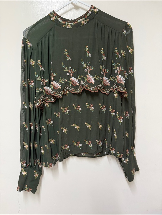 Zara Woman Tops - Zara Olive Green Floral Embroidered Long-Sleeve Blouse